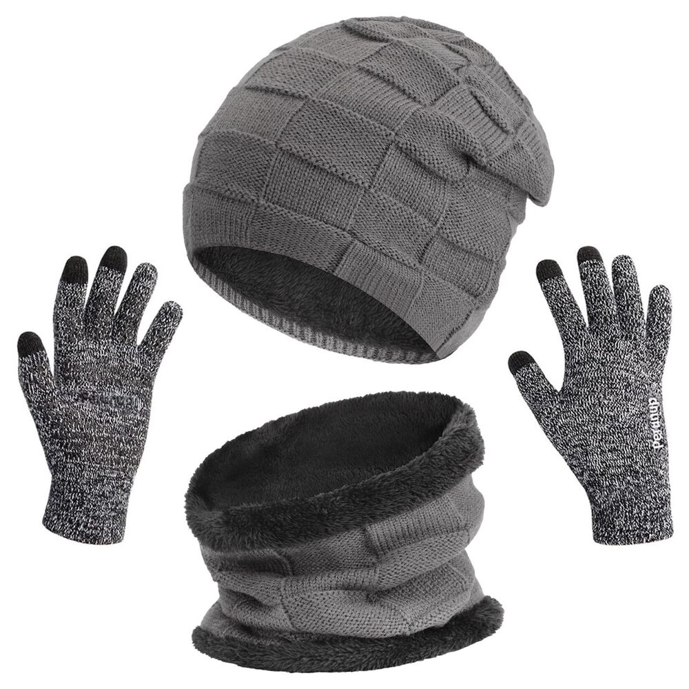 2289 3Pcs Beanie Hat Scarf with Knit Gloves Touchscreen Set Winter Caps Ski